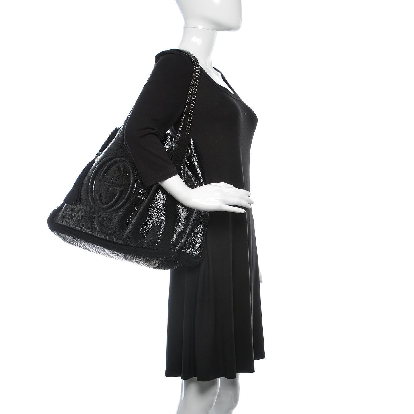 Patent Shearling Large Soho Chain Shoulder Bag Black
