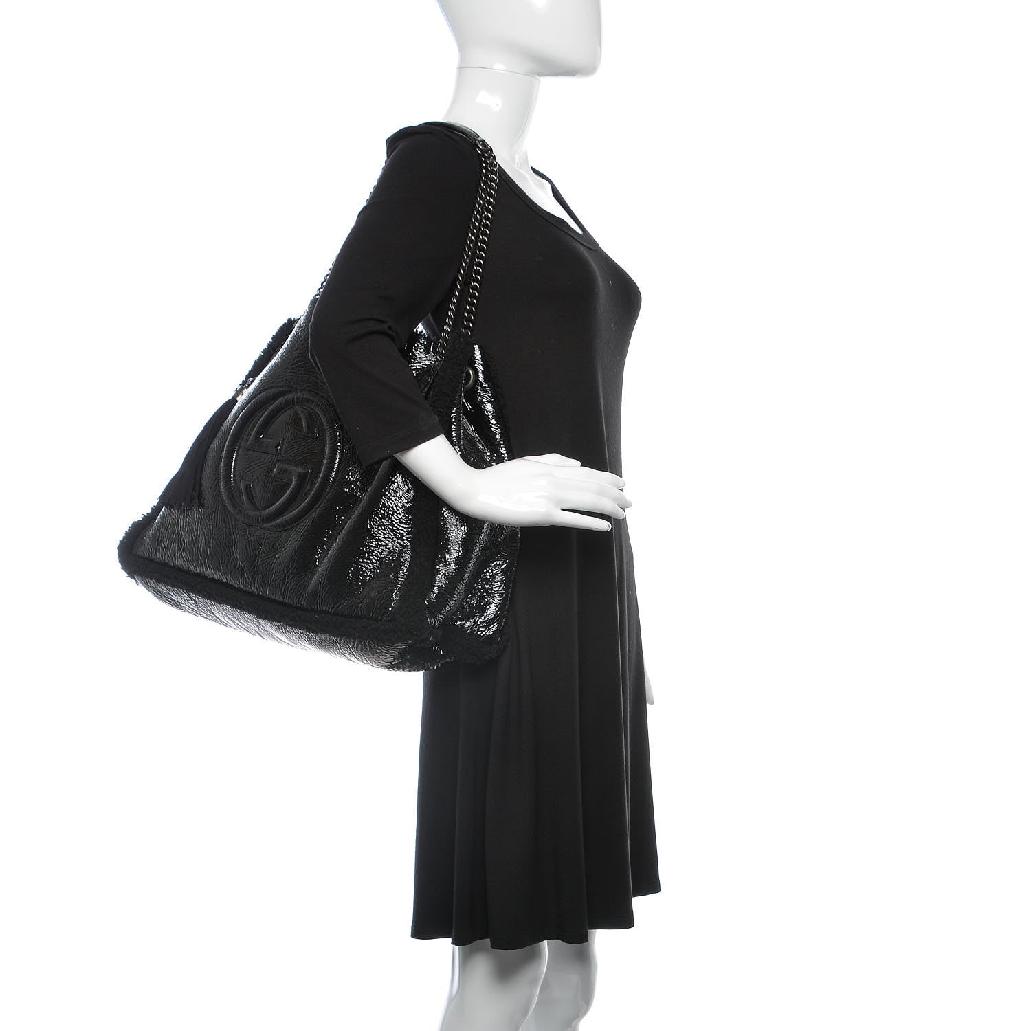 Gucci Patent Shearling Large Soho Chain Shoulder Bag Black 2 of 13