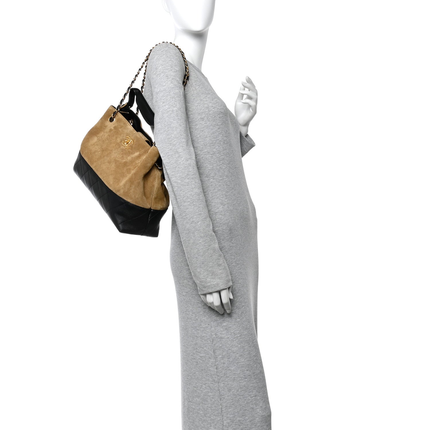 Chanel Suede Calfskin Shiny Lambskin Quilted Small Coco Base Shopping Bag Beige Black 2 of 10
