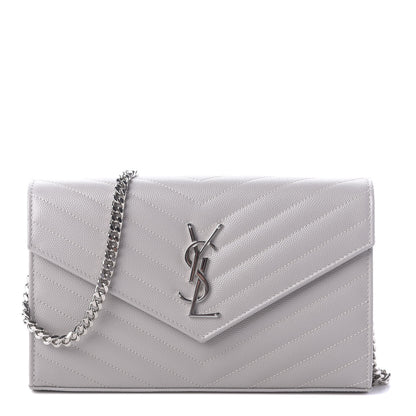 Saint Laurent Grain De Poudre Matelasse Chevron Monogram Chain Wallet Light Grey 1 of 9