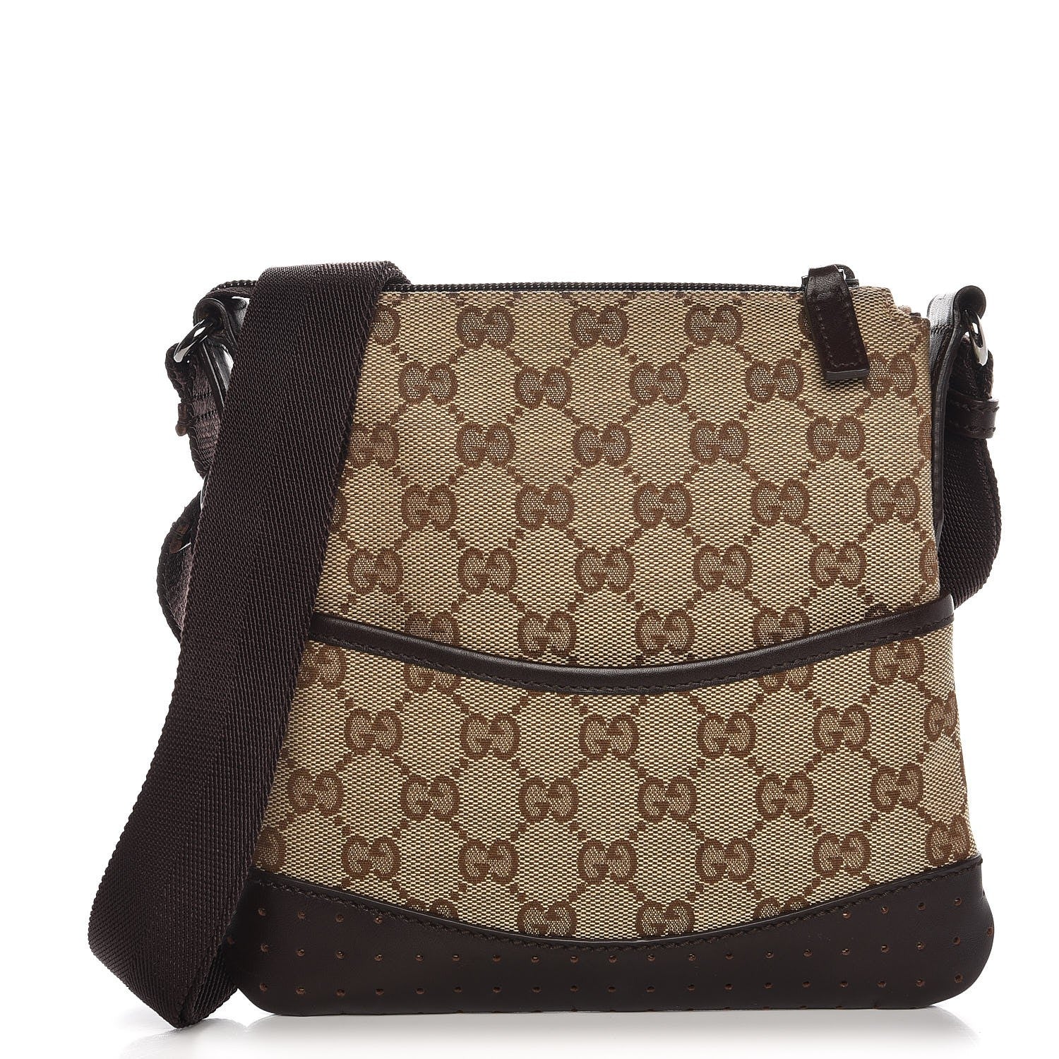 Gucci Monogram Calfskin Perforated Small Flat Messenger Bag Dark Brown 1 of 7