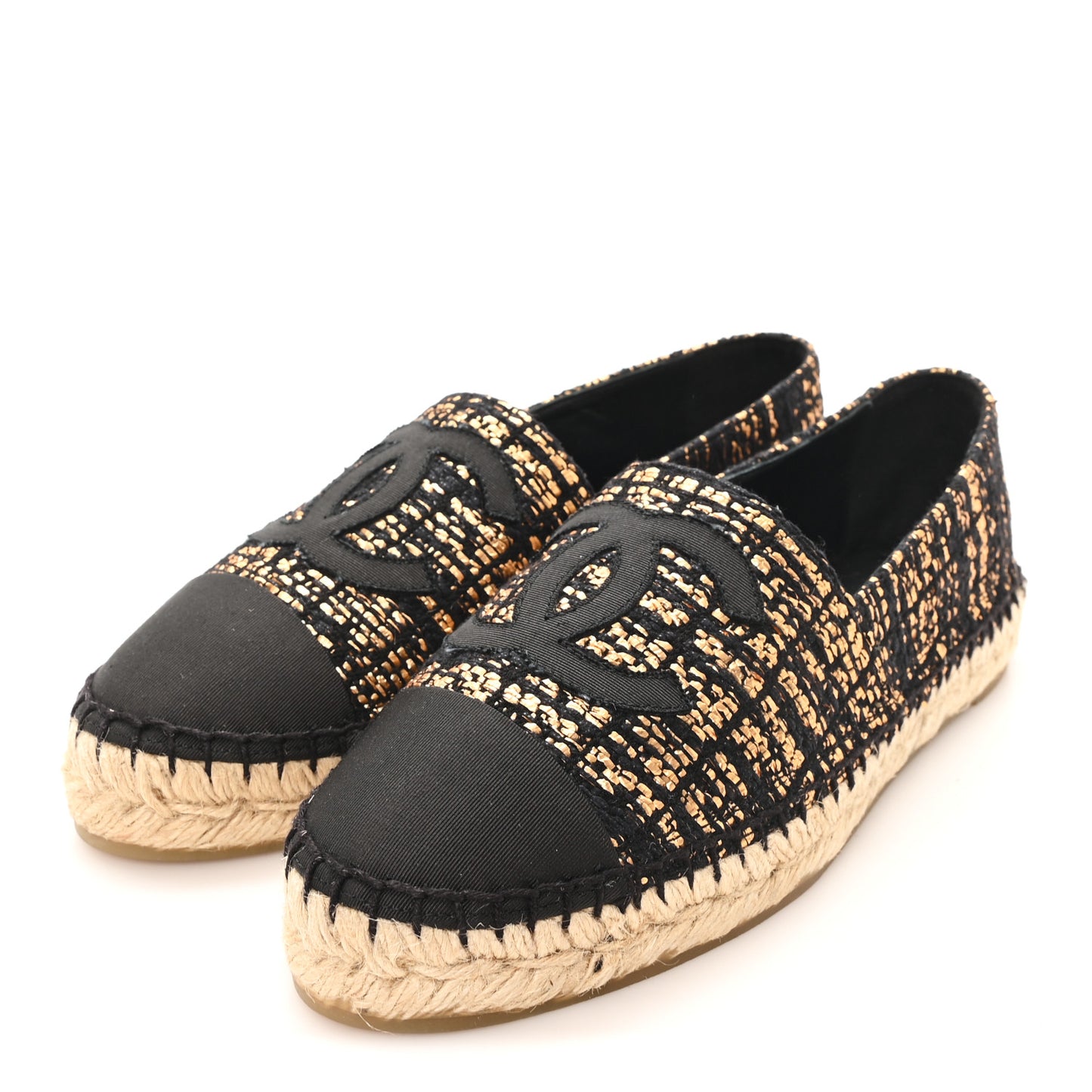 Metallic Tweed Grosgrain CC Espadrilles 38 Gold Black