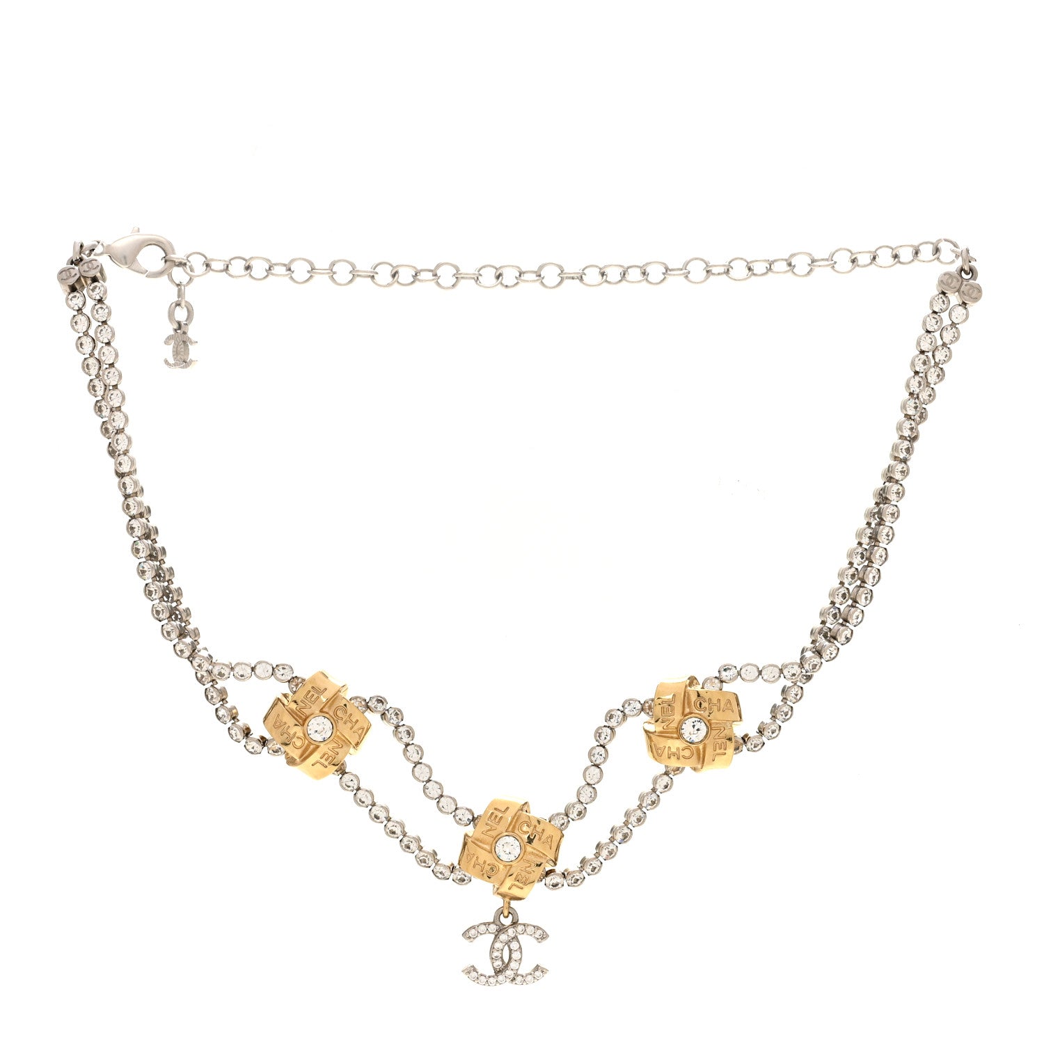 Chanel Metal Crystal CC Logo Choker Necklace Gold 3 of 5