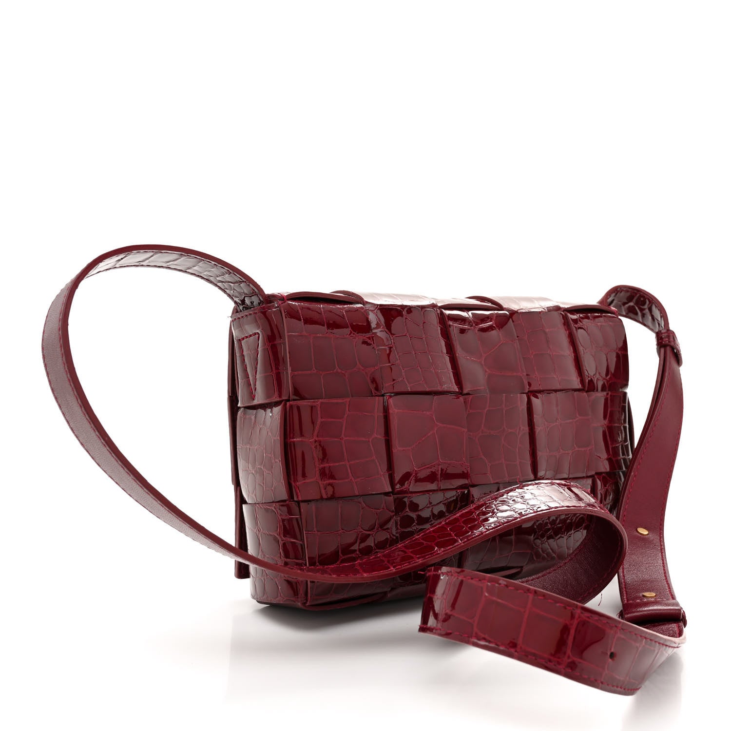 Bottega Veneta Gloss Calfskin Croc Embossed Intreccio Cassette Crossbody Bag Cherry 3 of 14