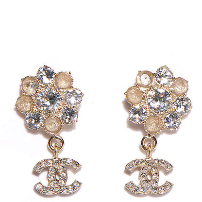Chanel Crystal CC Flower Dangle Earrings Gold Beige 1 of 5