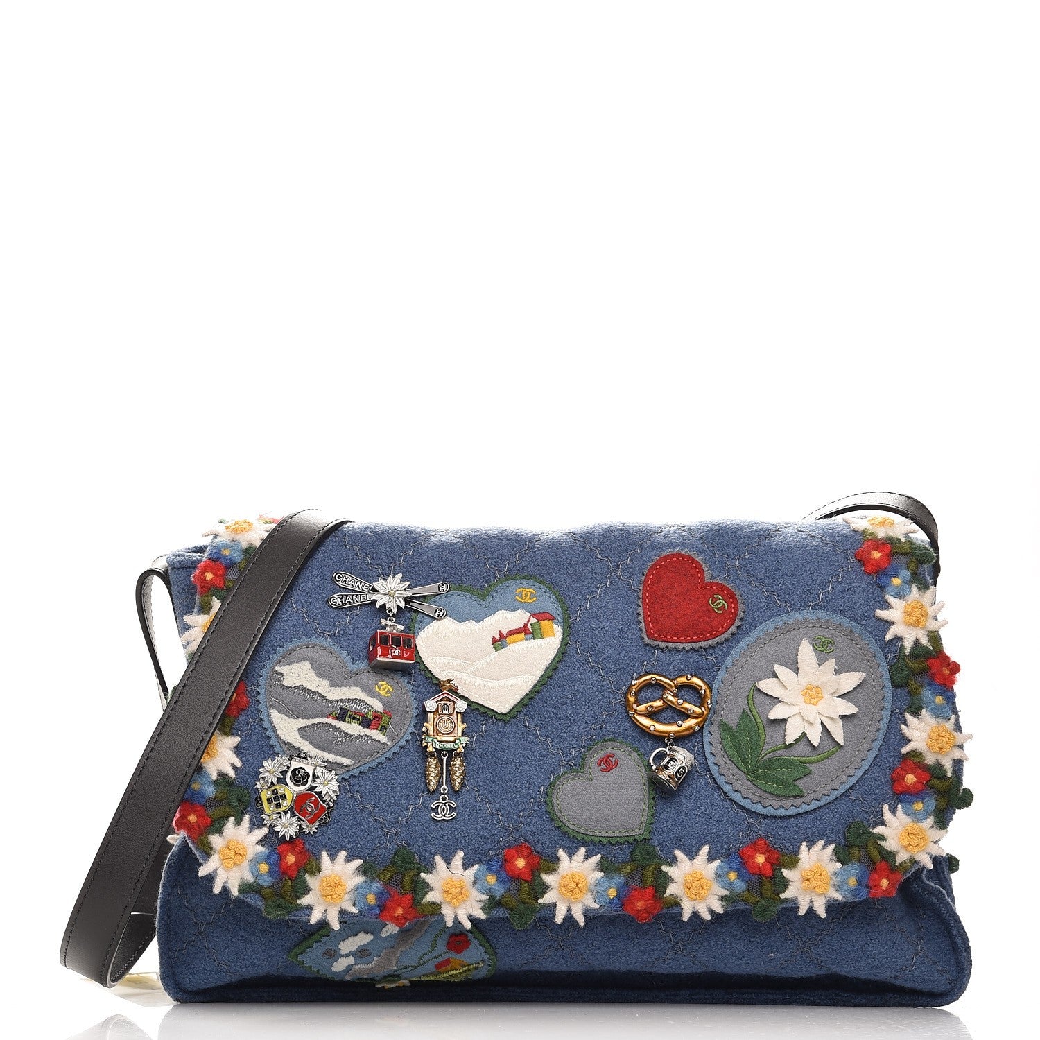 Chanel Felt Embroidered Large Crest Austrian Satchel Blue 1 of 8