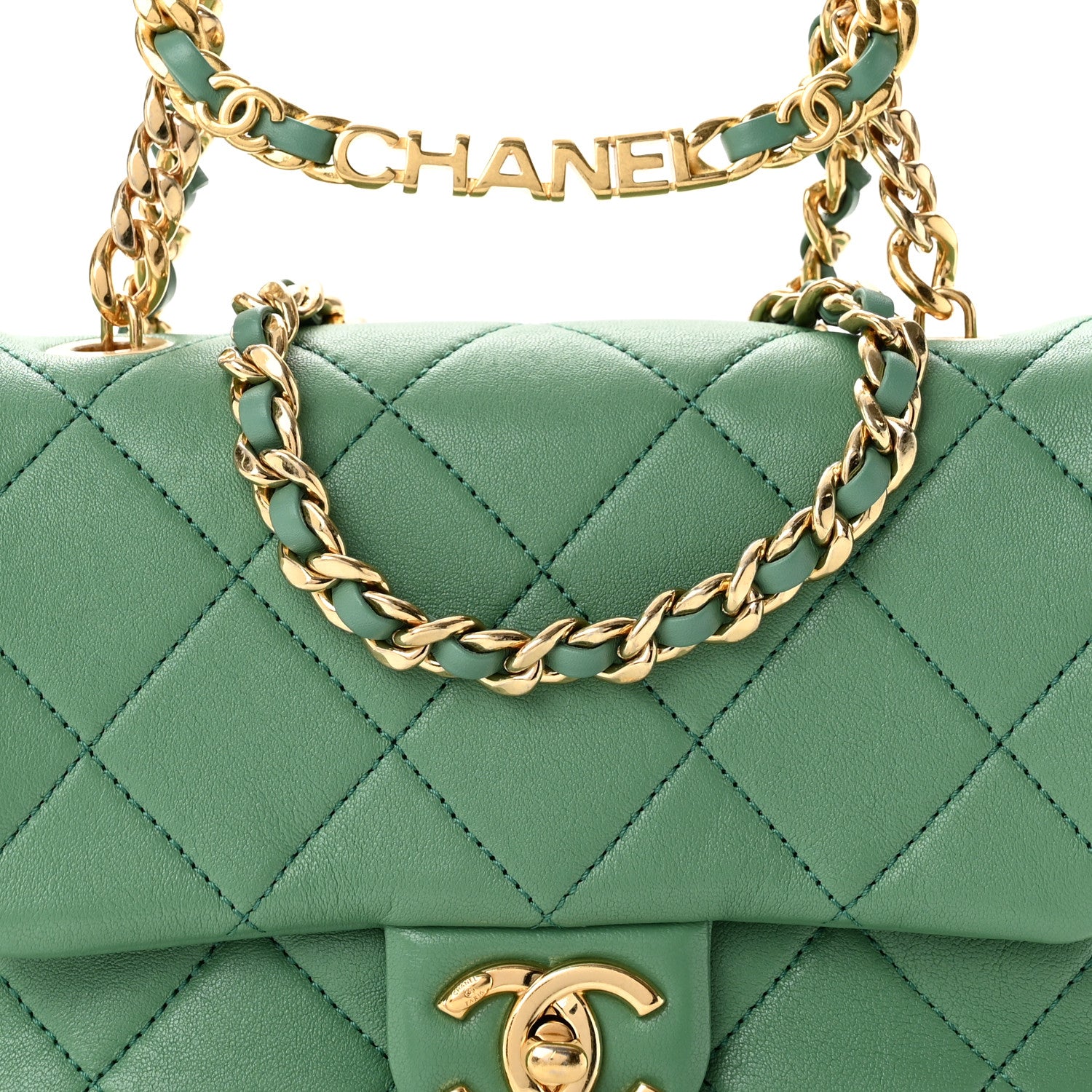 Chanel Lambskin Quilted Mini Logo Flap With Handle Green 8 of 12