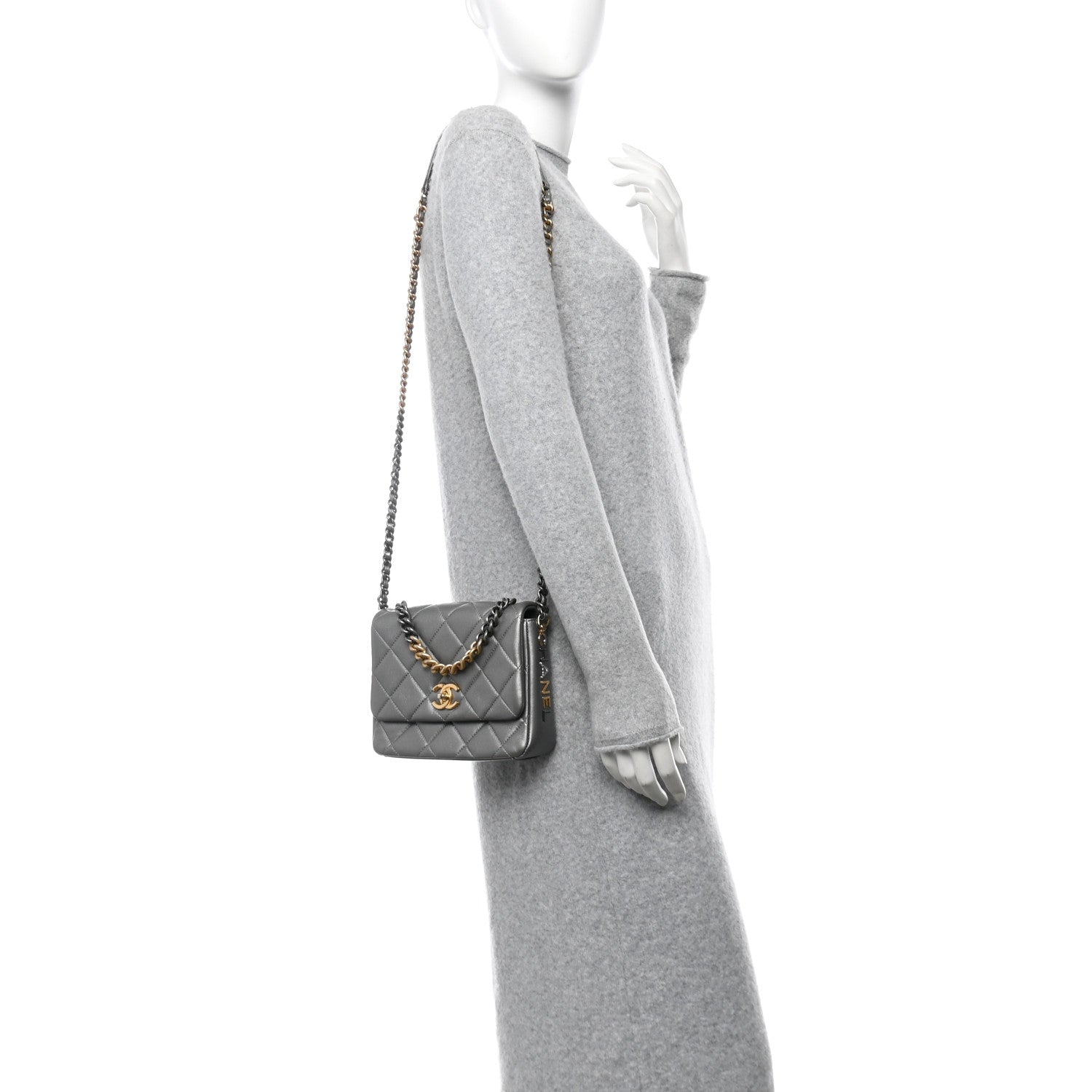 Chanel Metallic Lambskin Quilted Small Side Note Flap Grey 2 of 10