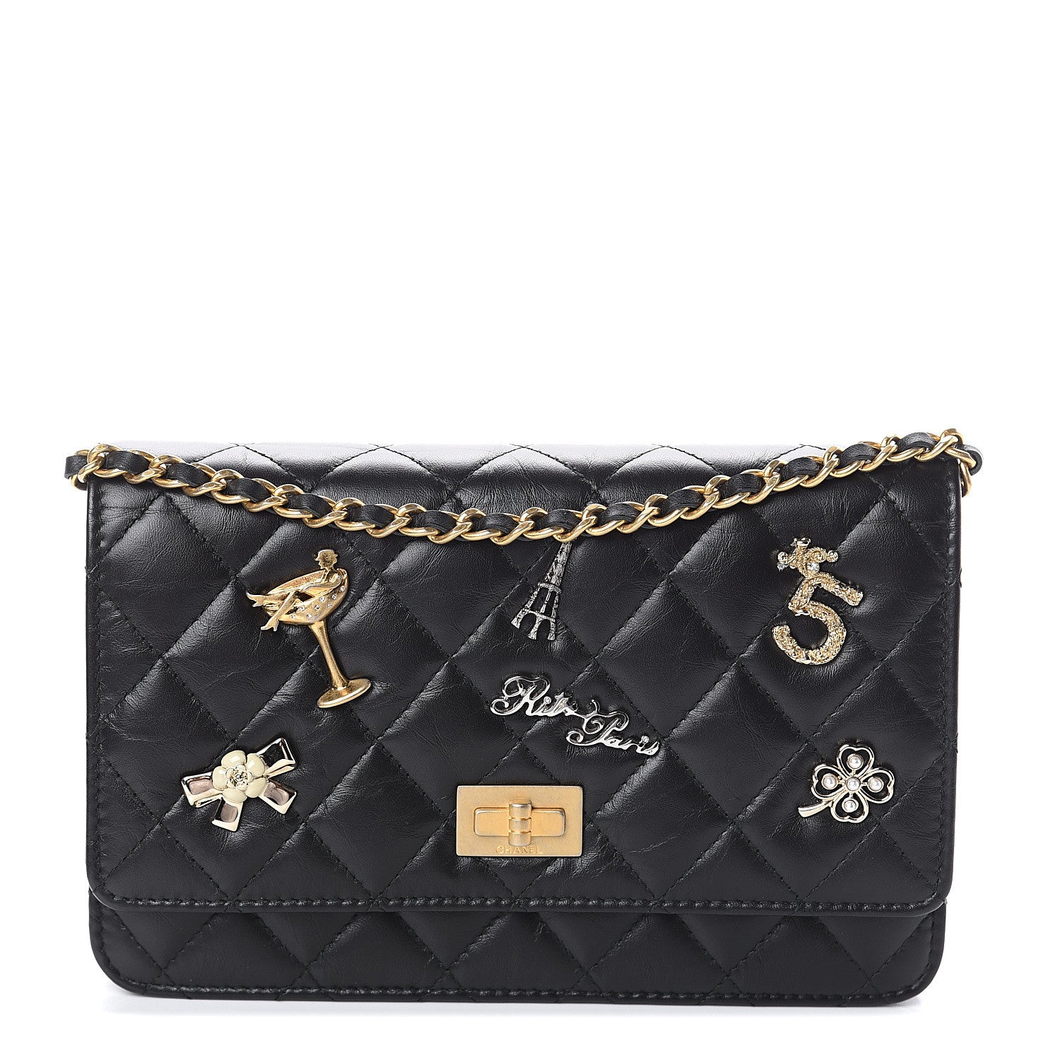 Chanel Aged Calfskin Quilted Lucky Charms 2.55 Reissue Wallet On Chain WOC Black 1 of 10