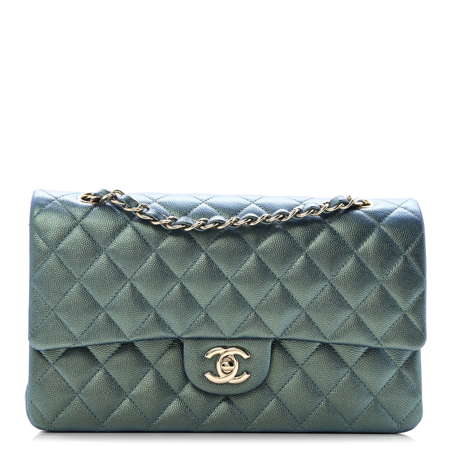 Iridescent Caviar Quilted Medium Double Flap Green