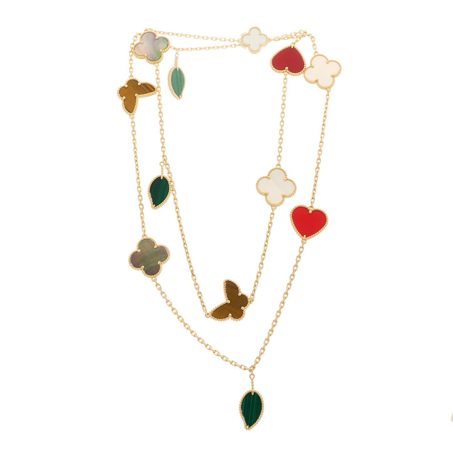 18K Yellow Gold Mother of Pearl Malachite Carnelian Tiger Eye 12 Motif Lucky Alhambra Necklace