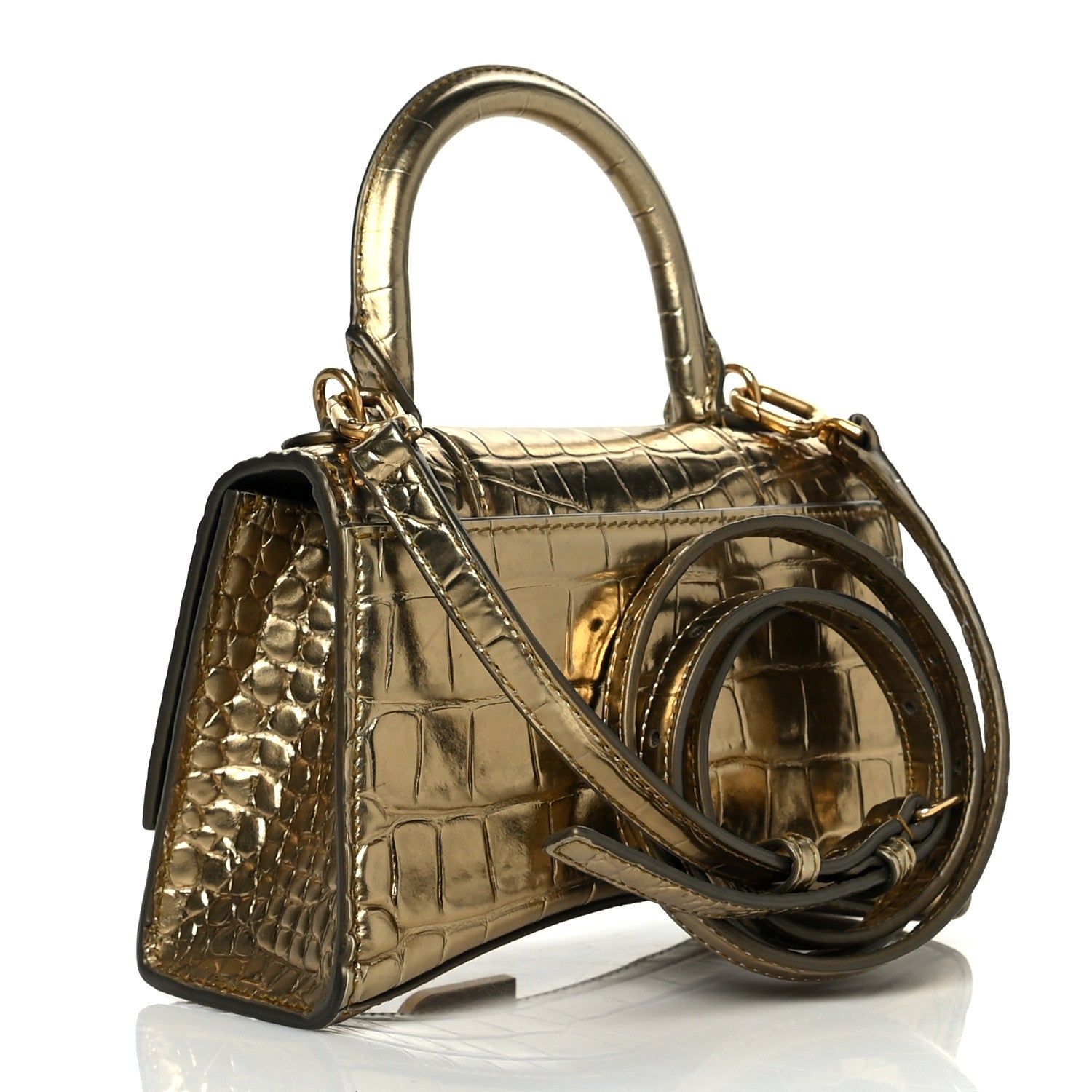 Balenciaga Metallic Calfskin Crocodile Embossed Hourglass Top Handle Bag XS Gold 3 of 14