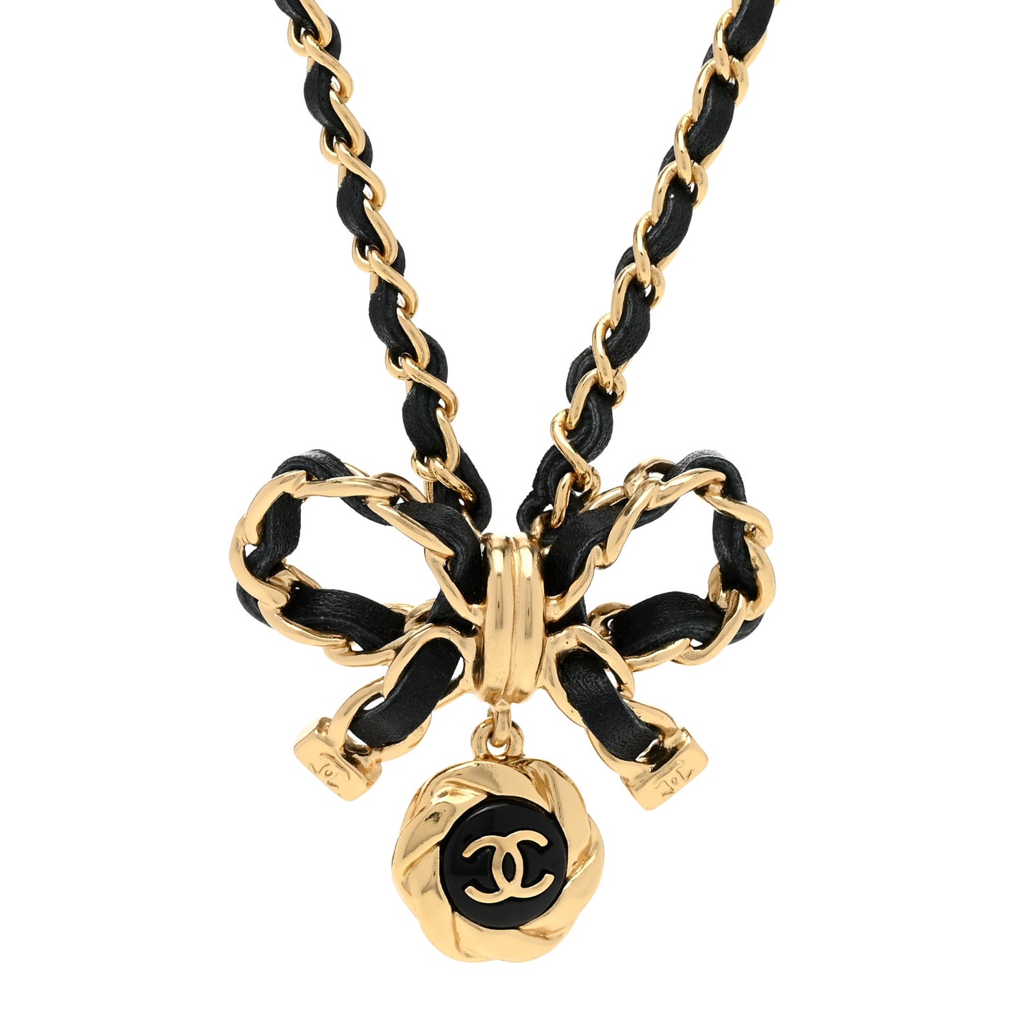 Metal Lambskin Chain CC Bow Necklace Black Gold