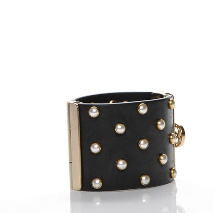 Chanel Lambskin Calfskin Pearl CC Cuff Bracelet Black Gold 3 of 8