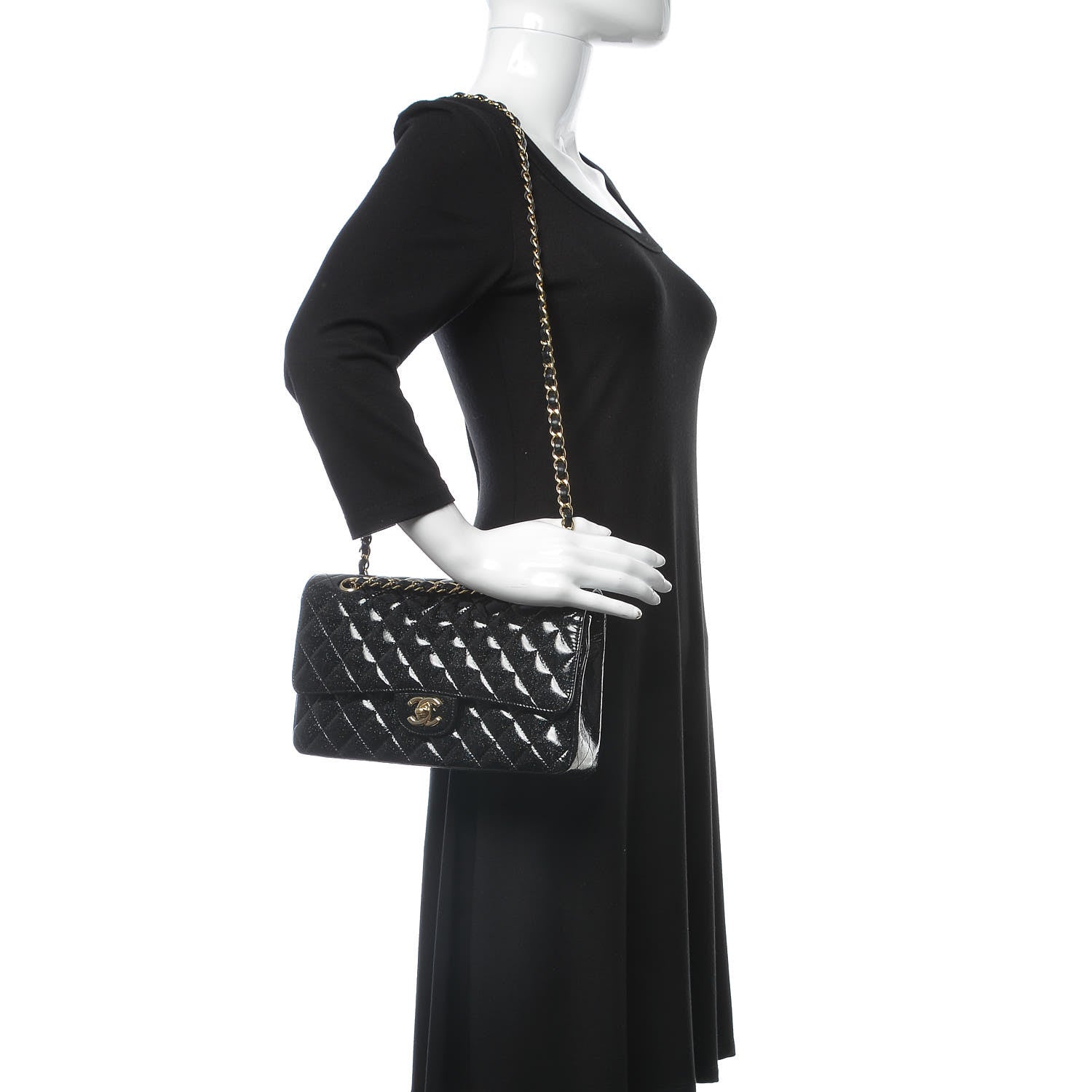 Chanel Patent Quilted Sparkle Glitter Medium Double Flap Black 2 of 14