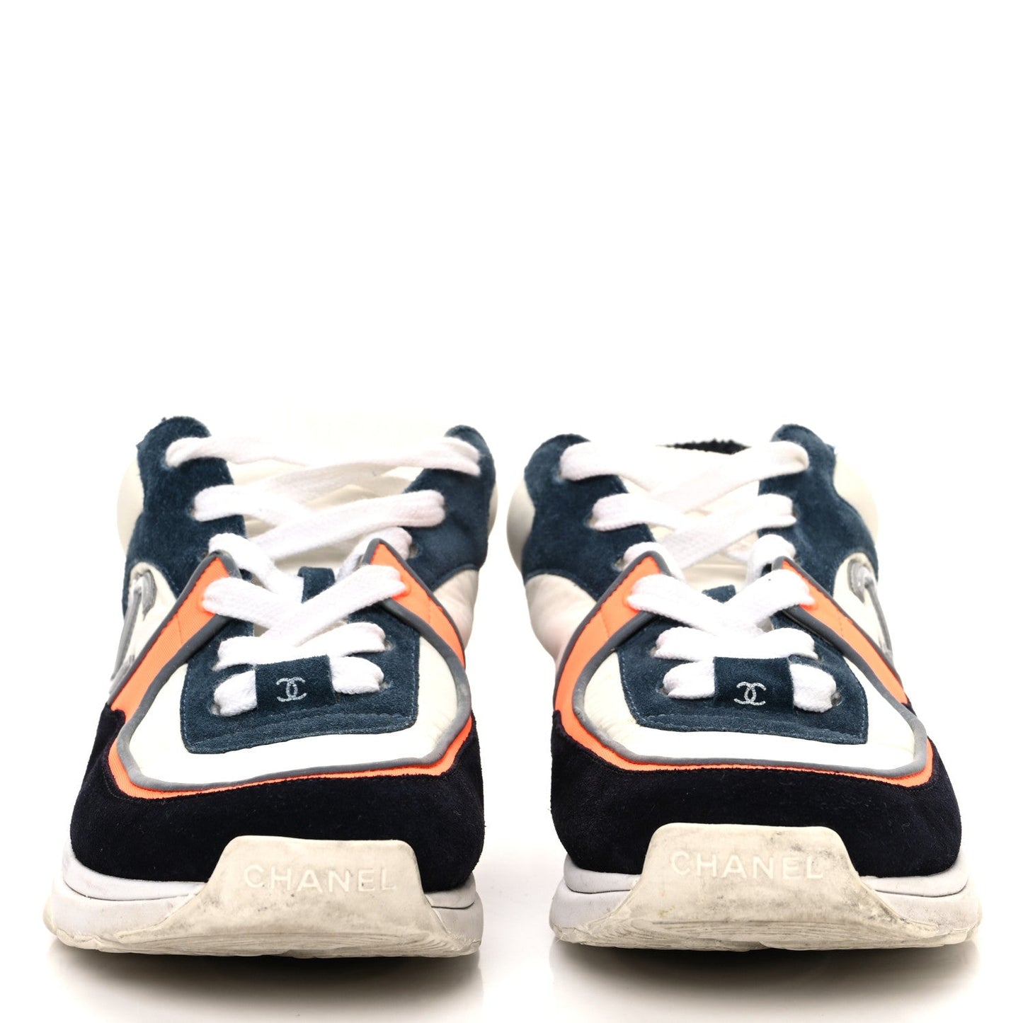Nylon Calfskin Suede CC Womens Sneakers 38.5 Navy White Orange