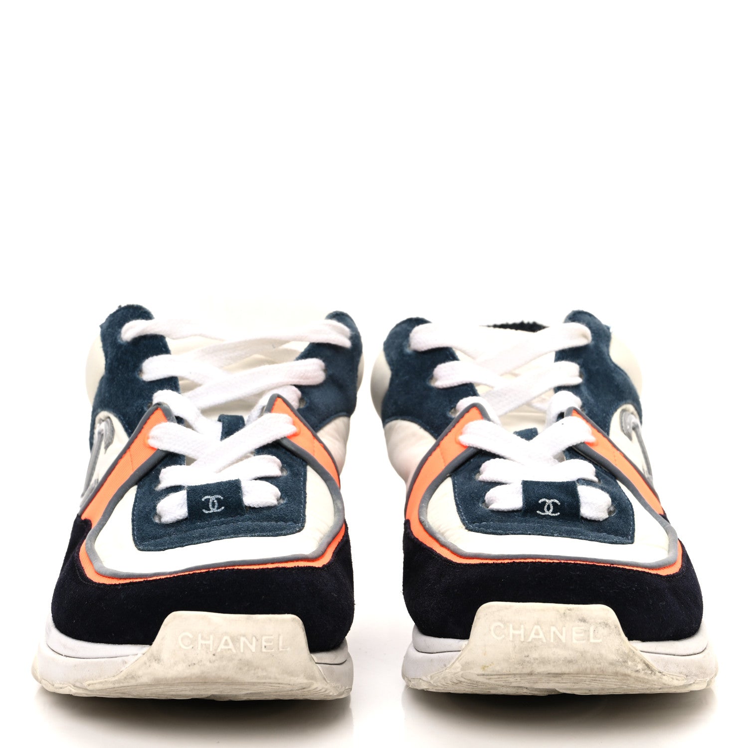 Chanel Nylon Calfskin Suede CC Womens Sneakers 38.5 Navy White Orange 3 of 12