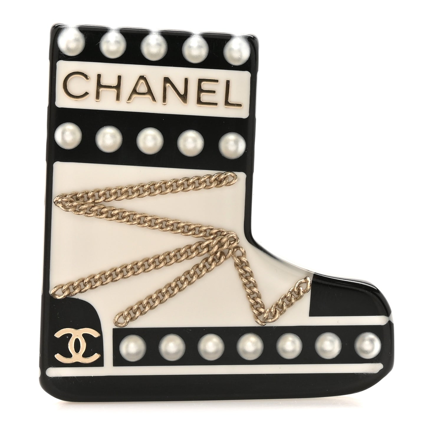 Pearl Resin CC Boot Brooch Black White Gold