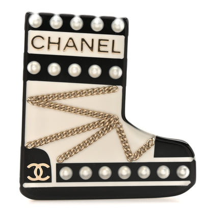 Chanel Pearl Resin CC Boot Brooch Black White Gold 1 of 4