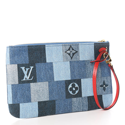 Louis Vuitton Denim Damier Monogram Patchwork Neverfull MM Pochette Blue Rouge 3 of 7
