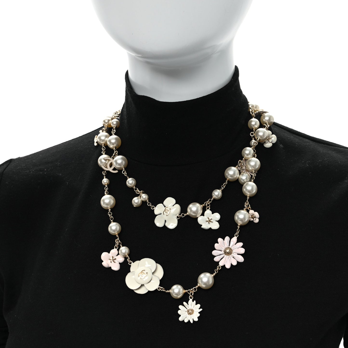 Pearl Enamel CC Camellia Necklace White Gold