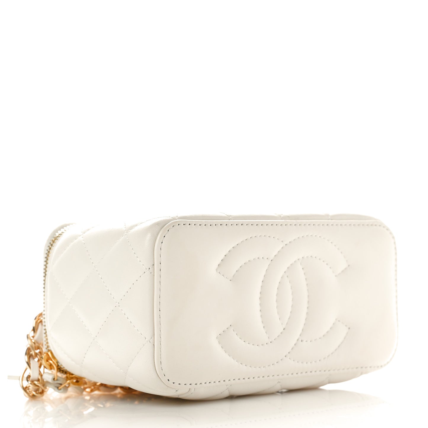 Lambskin Quilted Golden Links Top Handle Vanity Case With Chain White
