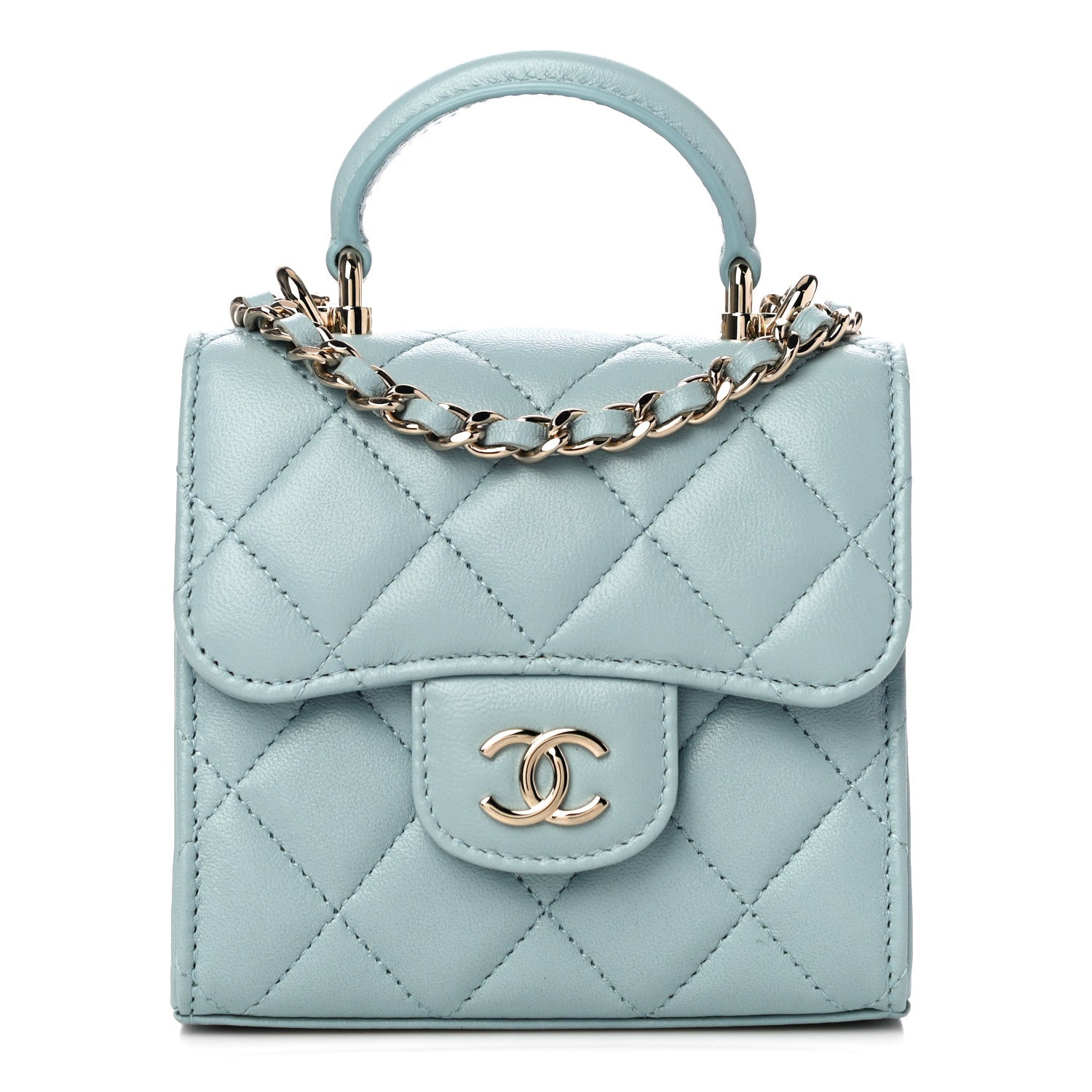 Chanel Lambskin Quilted Top Handle Clutch With Chain Light Blue 1 of 12