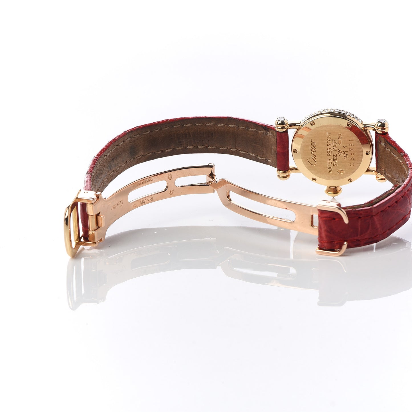 18K Yellow Gold Alligator Diamond Bezel 20mm Diabolo Quartz Watch Red