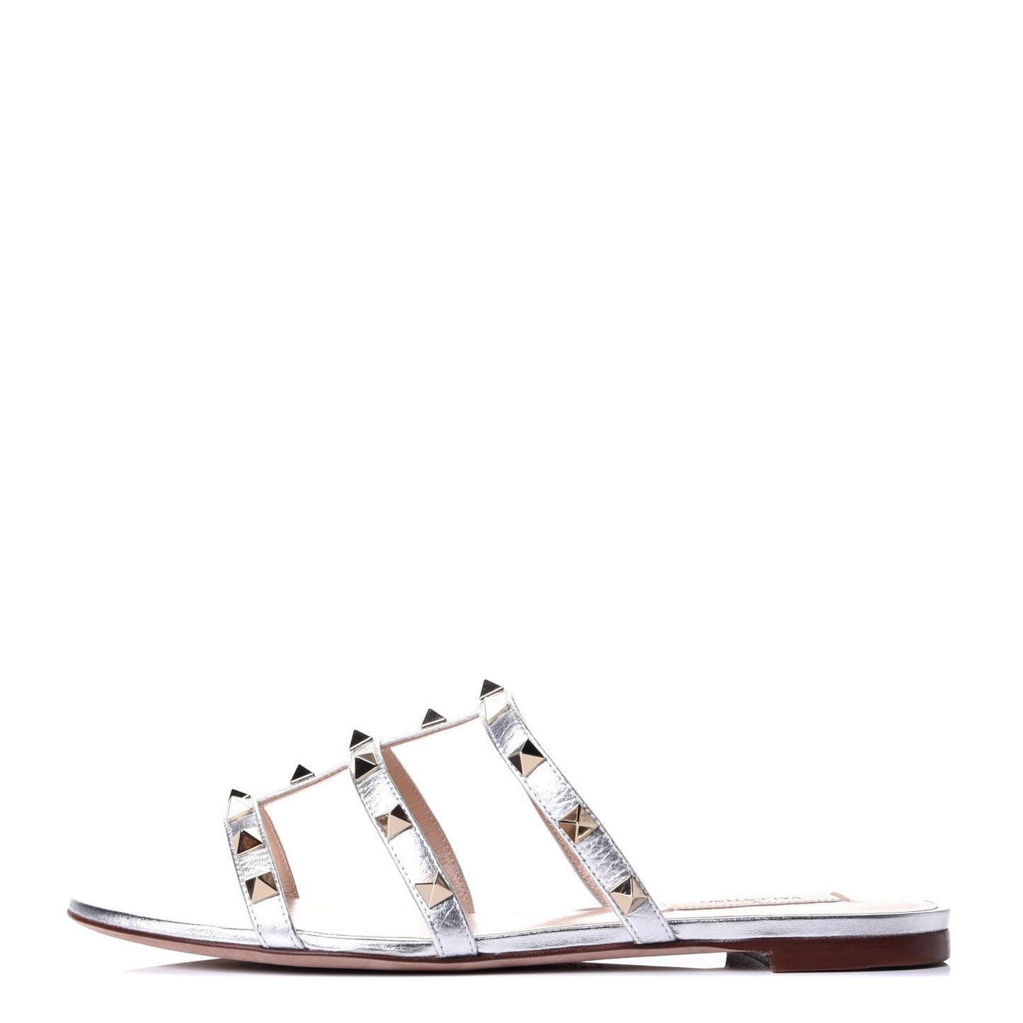 Metallic Pebbled Calfskin Rockstud Caged Flat Slide Sandals 38 Silver