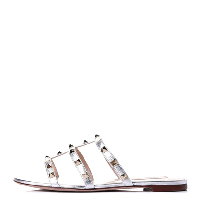 Valentino Garavani Metallic Pebbled Calfskin Rockstud Caged Flat Slide Sandals 38 Silver 1 of 5