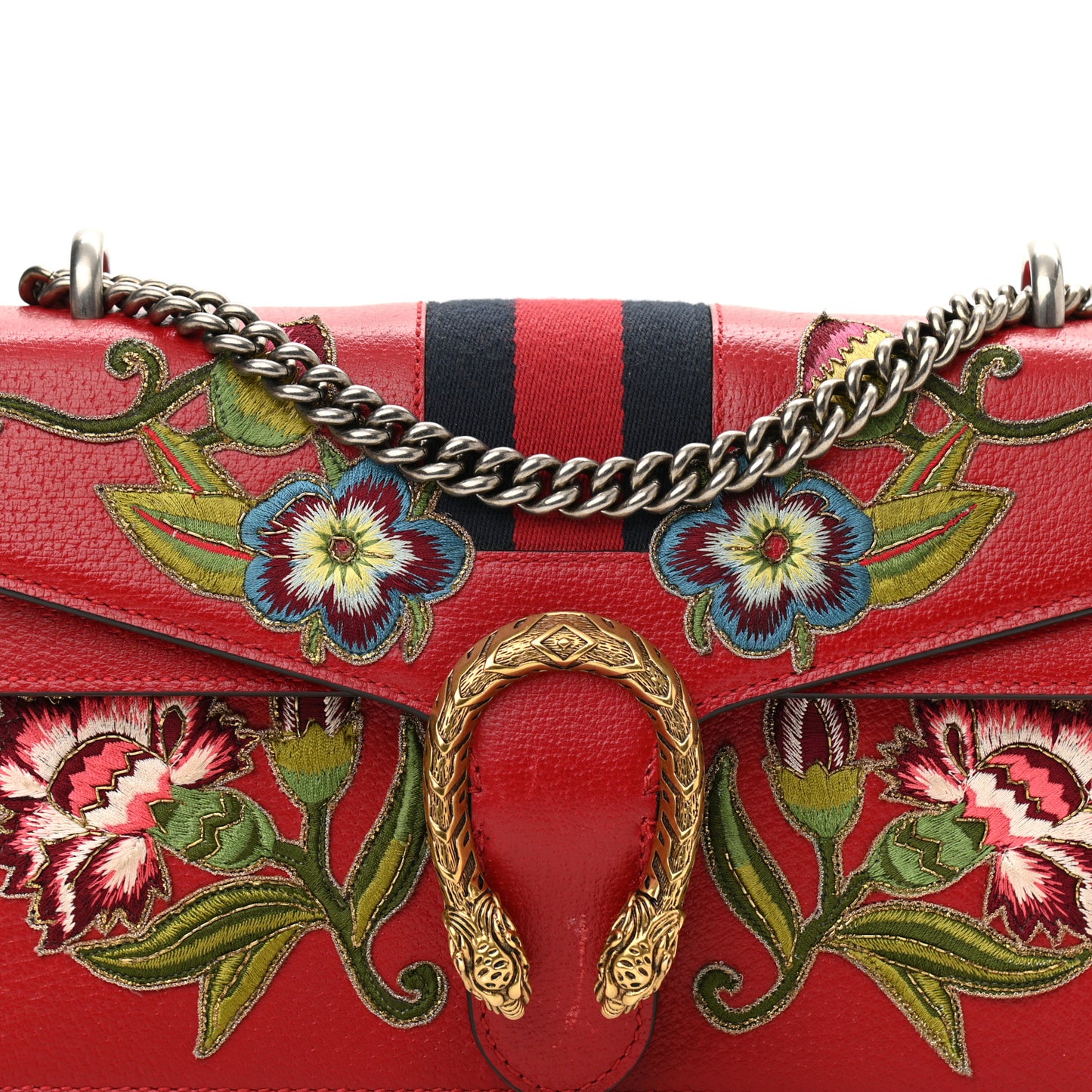 Calfskin Web Floral Embroidered Small Dionysus Shoulder Bag Hibiscus Red