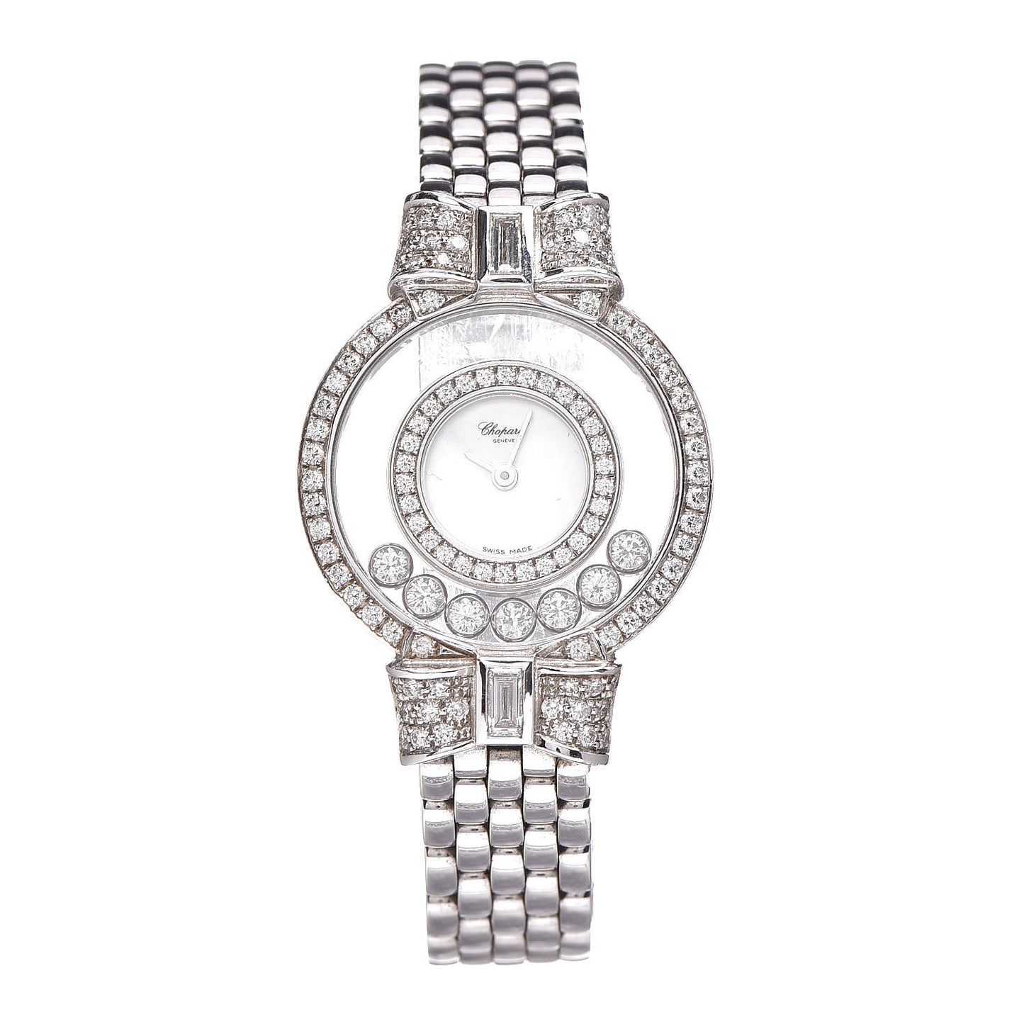18K White Gold Diamond Pave Bezel 24mm Happy Diamonds Icons Bow Tie Quartz Watch