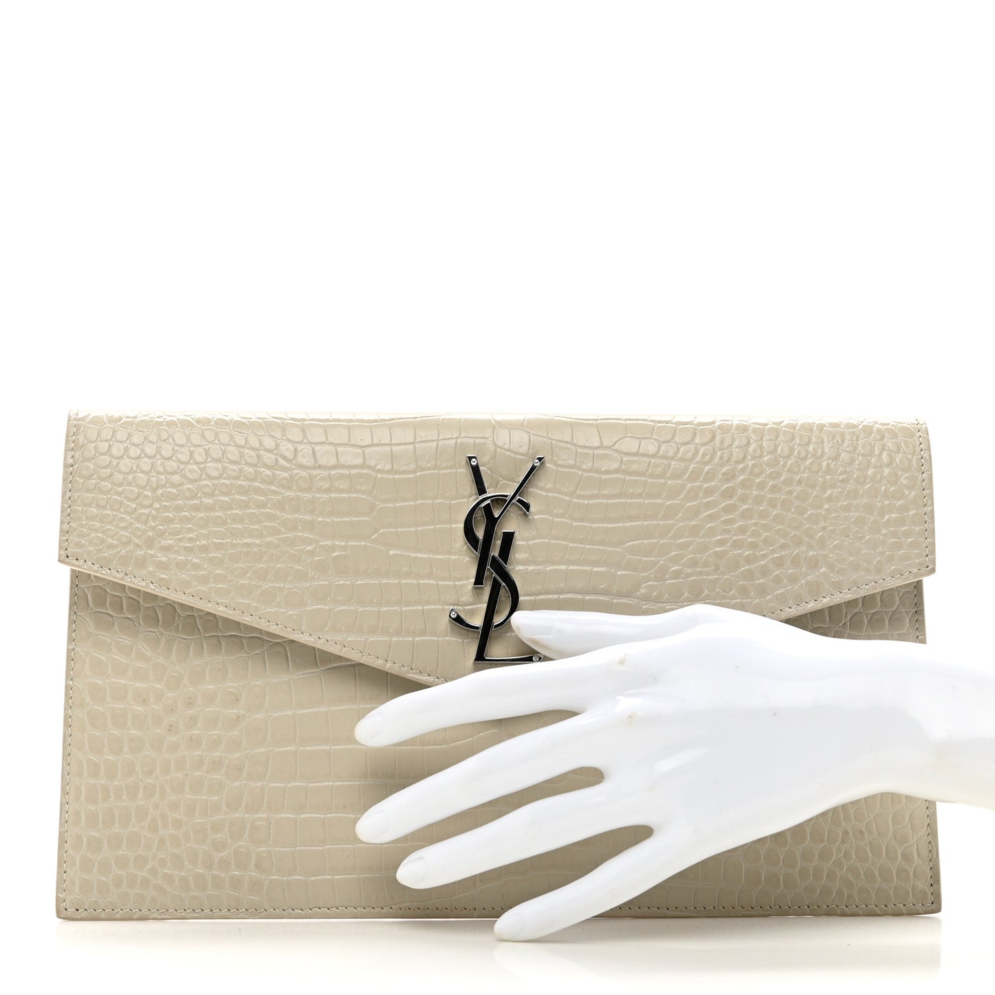 Calfskin Crocodile Embossed Uptown Monogram Pouch Crema Soft