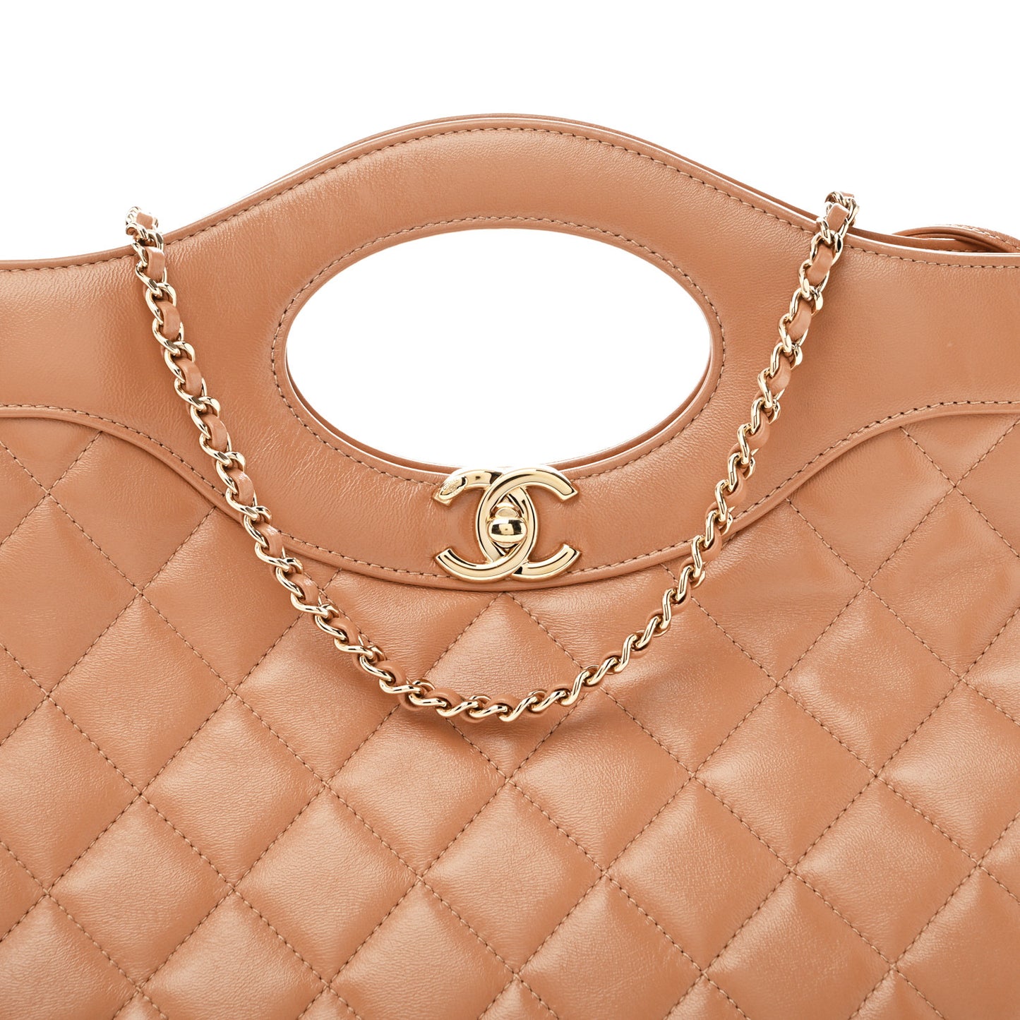 Shiny Crumpled Calfskin Quilted 31 Shopping Bag Dark Beige