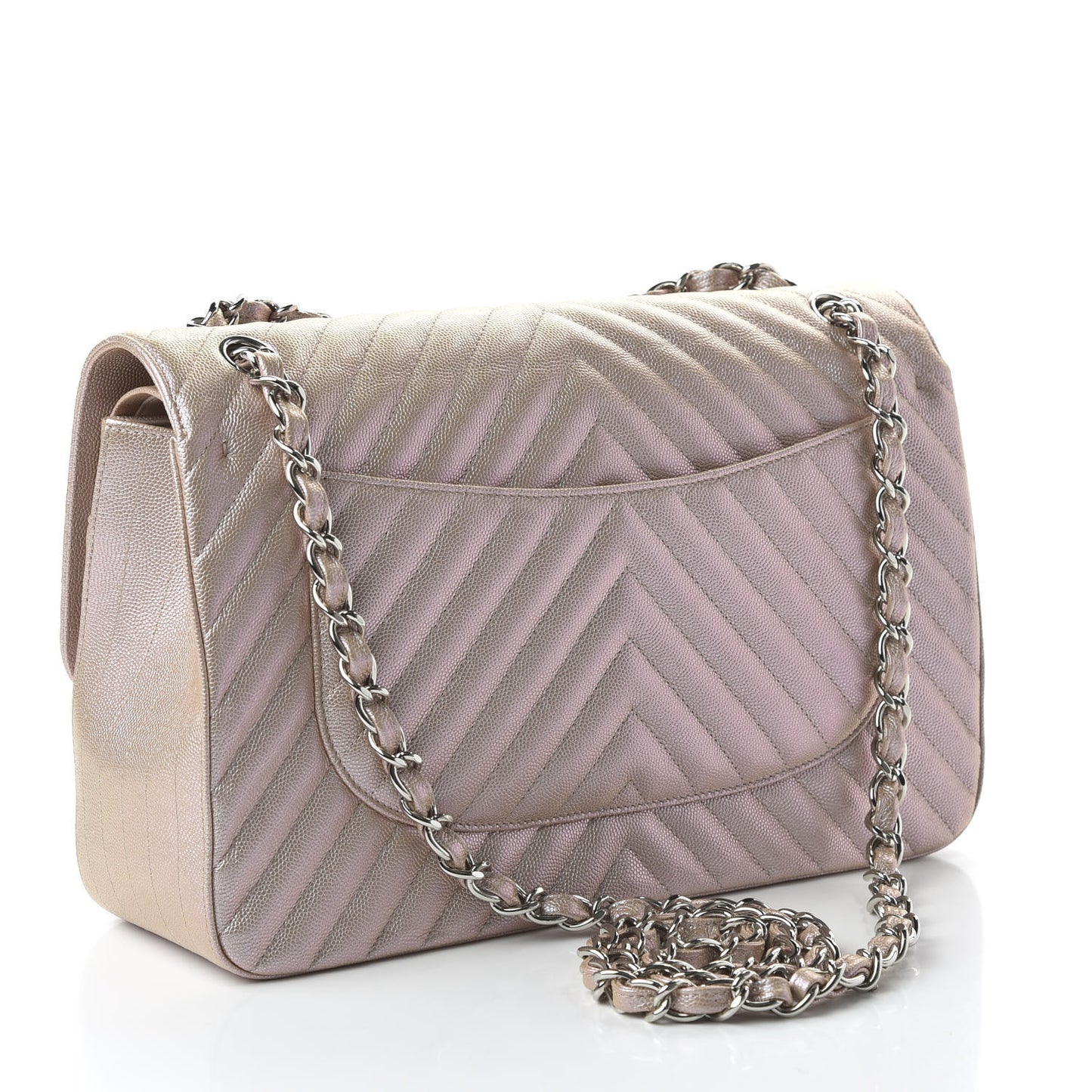 Metallic Caviar Chevron Quilted Jumbo Double Flap Light Gold