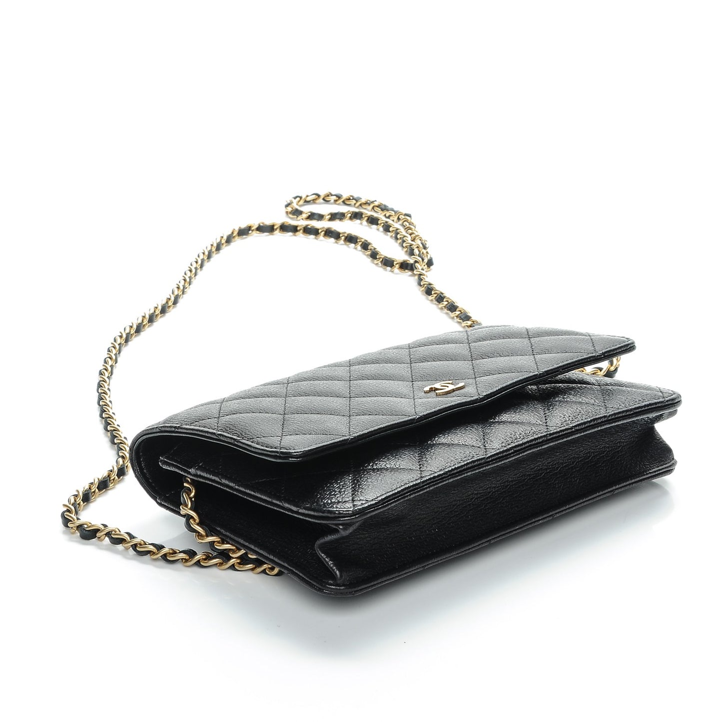 Letter Calfskin Embossed Quilted Wallet On Chain WOC Black