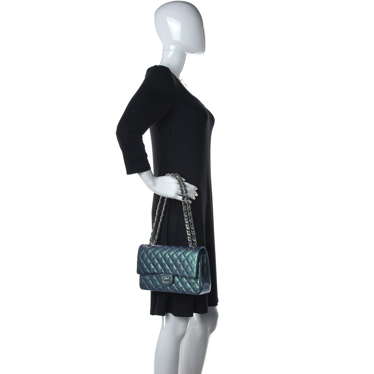 Iridescent Caviar Quilted Medium Double Flap Green