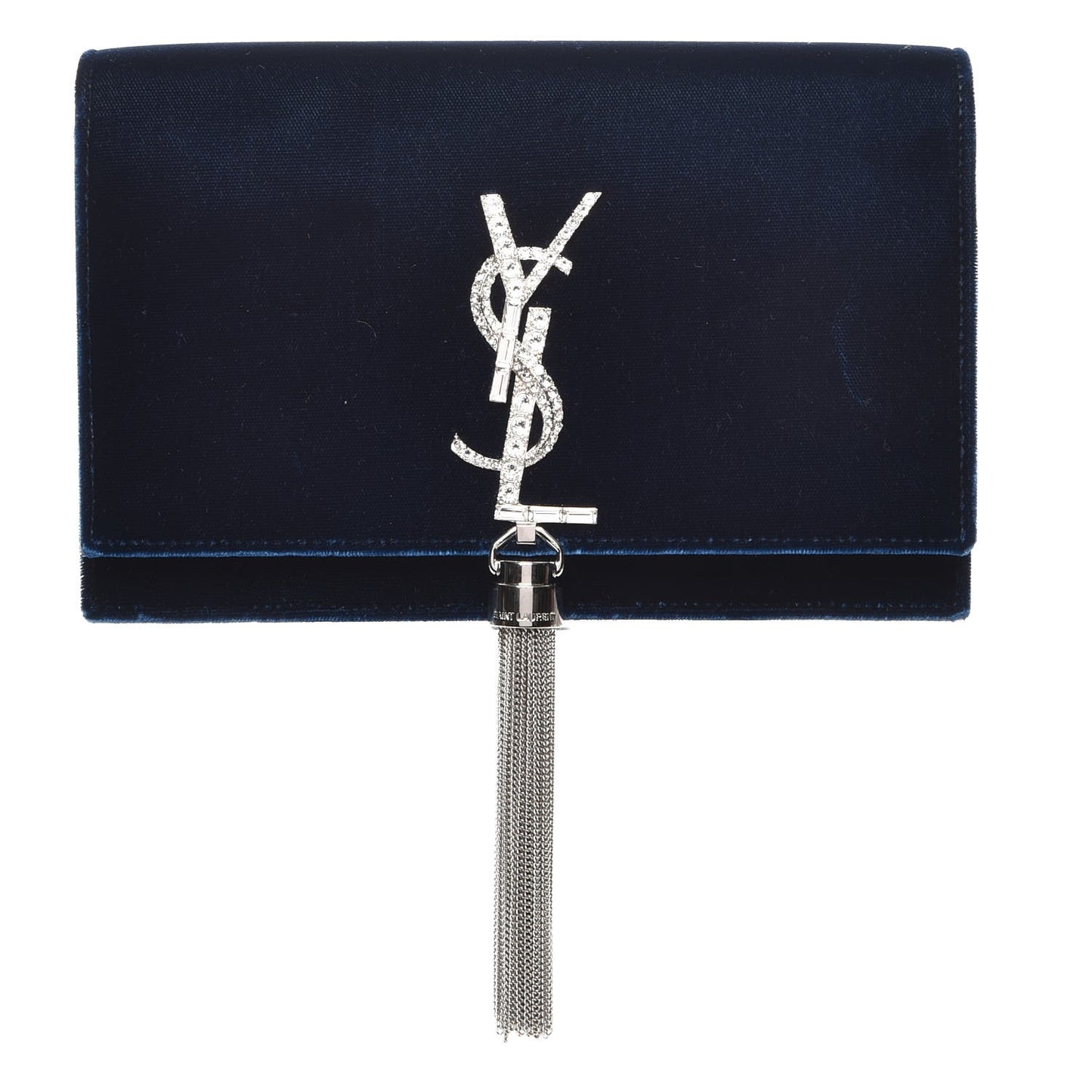 Velvet Crystal Monogram Tassel Chain Wallet Blue