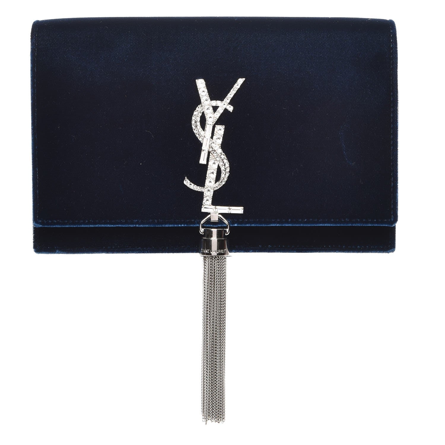 Saint Laurent Velvet Crystal Monogram Tassel Chain Wallet Blue 1 of 7