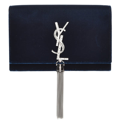 Saint Laurent Velvet Crystal Monogram Tassel Chain Wallet Blue 1 of 7