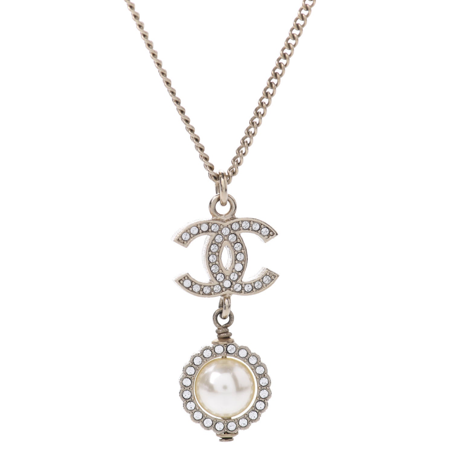 Chanel Crystal CC Pearl Drop Necklace Gold 4 of 6