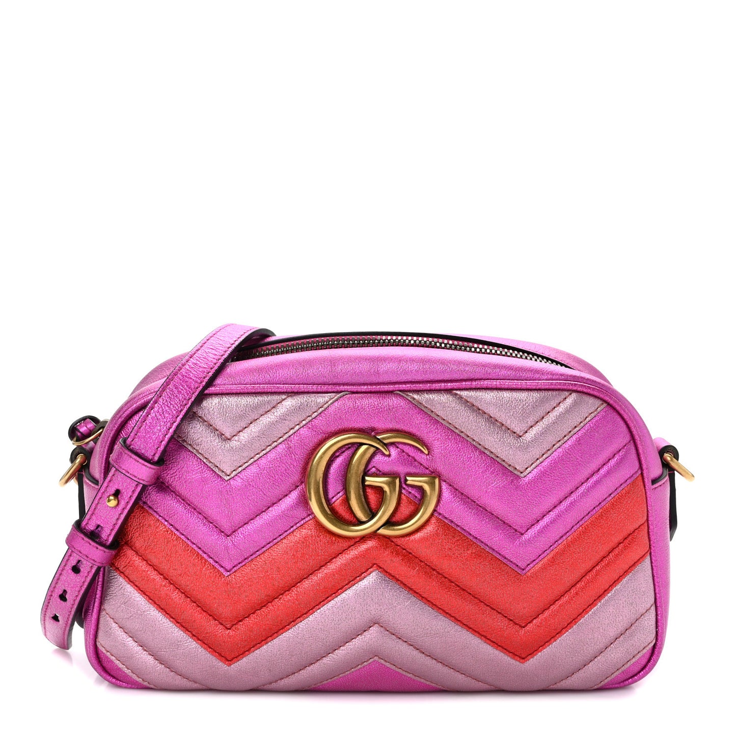 Laminated Nappa Matelasse Small GG Marmont Chain Shoulder Bag Fuxia Rosso Rosa