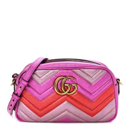 Gucci Laminated Nappa Matelasse Small GG Marmont Chain Shoulder Bag Fuxia Rosso Rosa 1 of 15