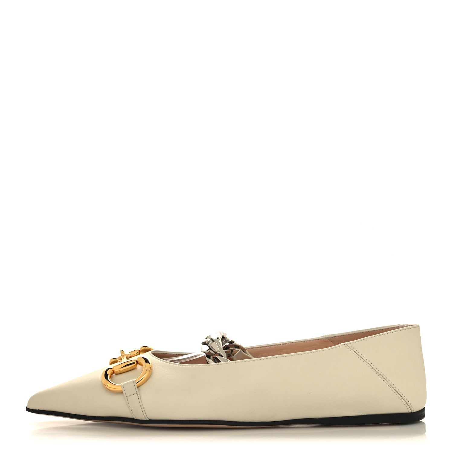 Gucci Nappa Lumiere Deva Horsebit Chain Embellished Flats 36.5 Dusty White 1 of 9