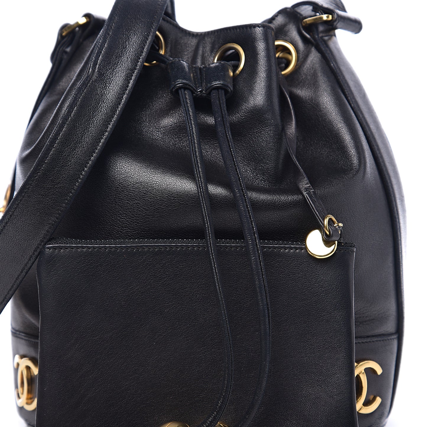 Lambskin CC Drawstring Shoulder Bag Black
