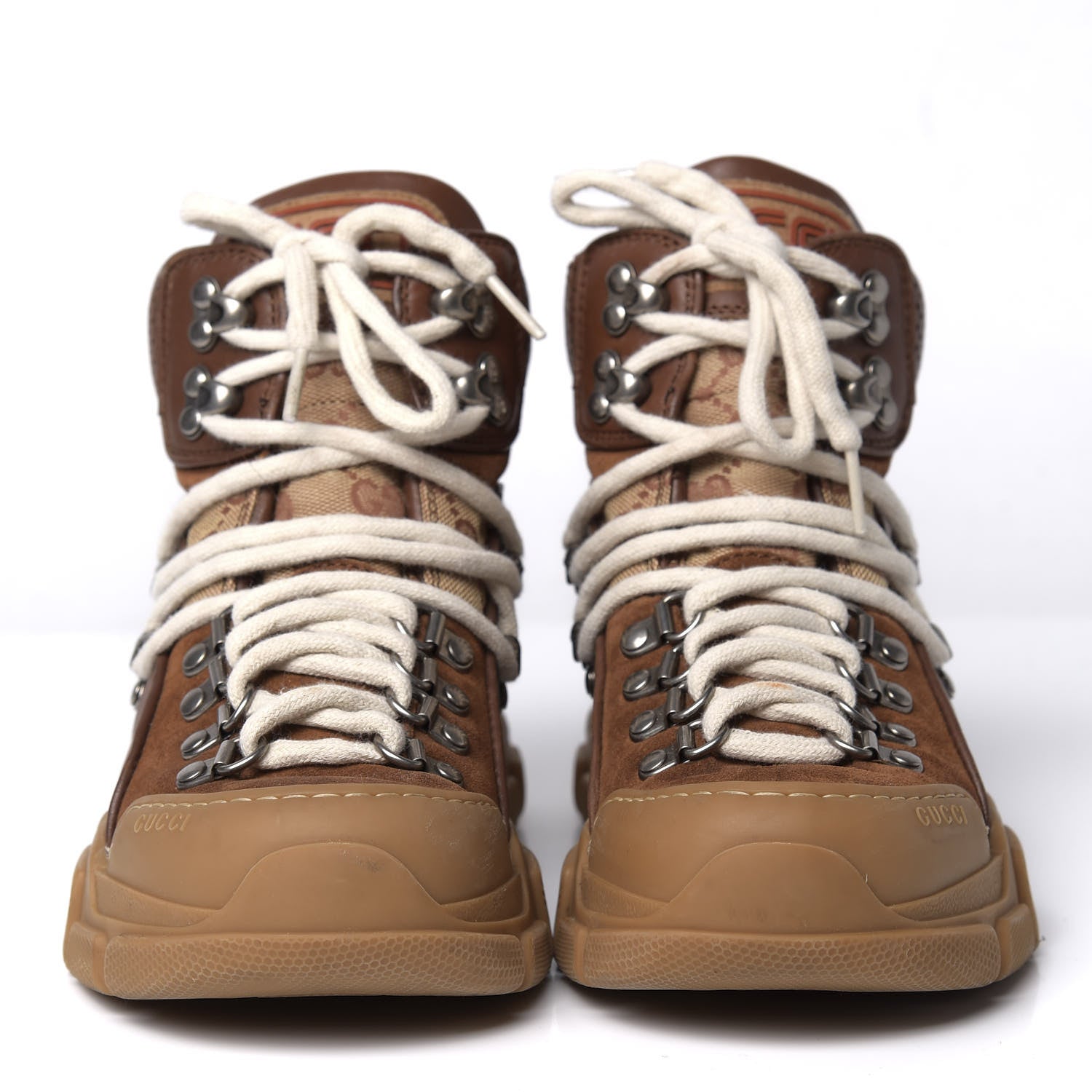 Gucci X SEGA Suede Calfskin GG Monogram Womens Flashtrek High-Top Sneakers 35 New Cuir Beige Ruggine 2 of 12