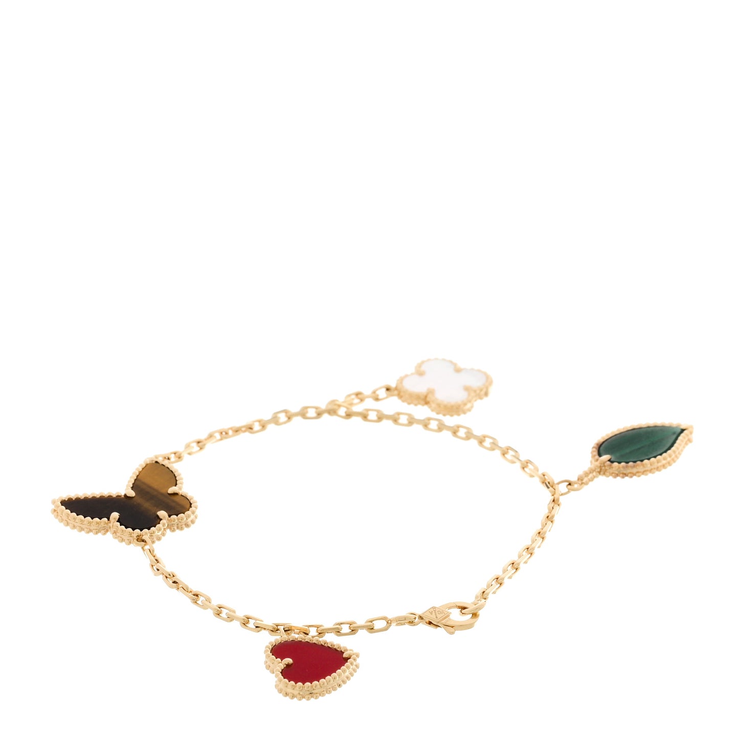 18K Yellow Gold Mother of Pearl Malachite Carnelian Tiger Eye 4 Motifs Lucky Alhambra Bracelet