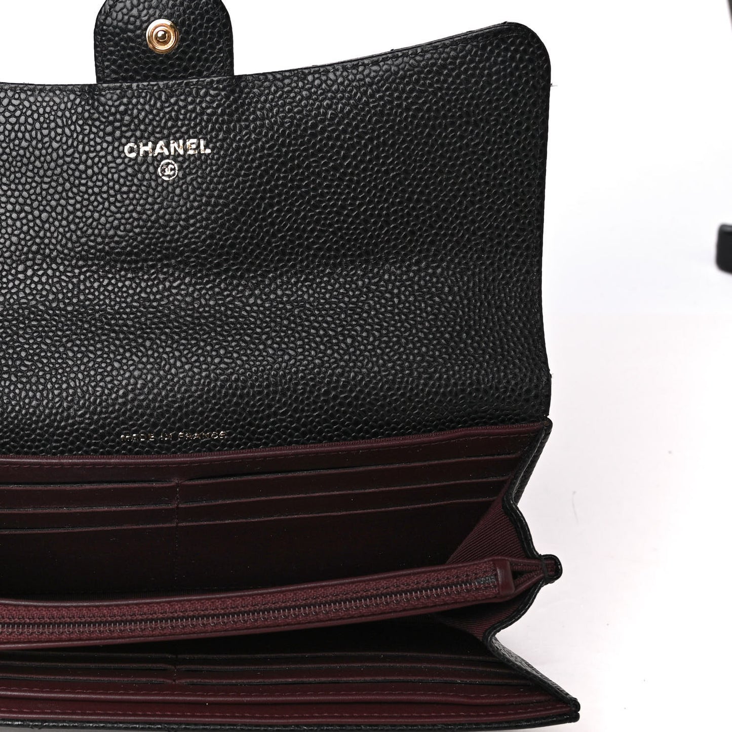 Caviar Quilted Large Gusset Flap Wallet Black