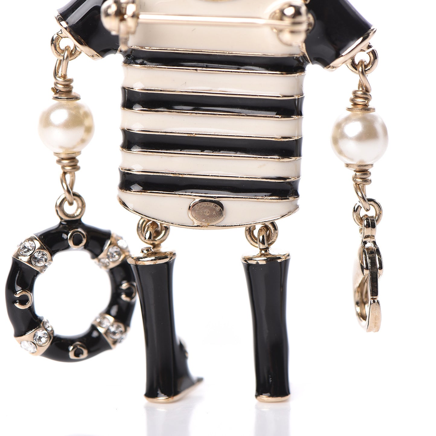 Enamel Crystal Pearl CC Sailor Brooch Black White