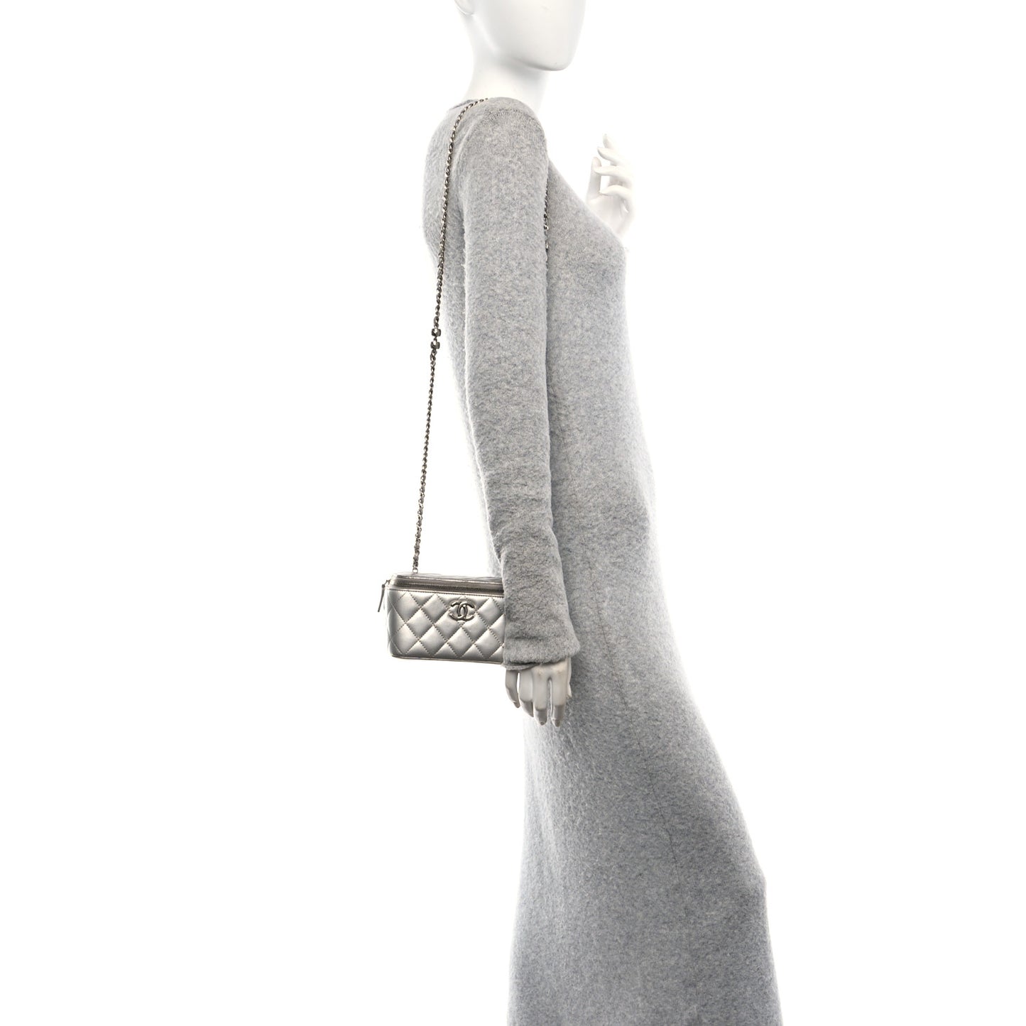Metallic Lambskin Quilted Small CC Dynasty Vanity Case With Chain Silver